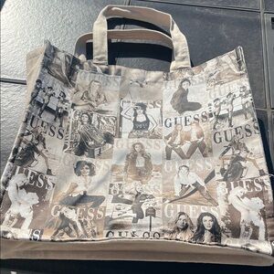 GUESS Beige and Brown Photo-Print Canvas Tote